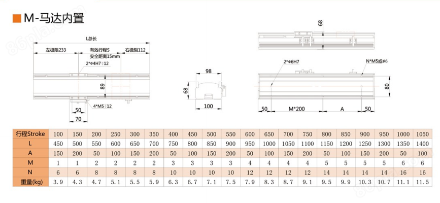  线性模组滑台JTH100外观尺寸图